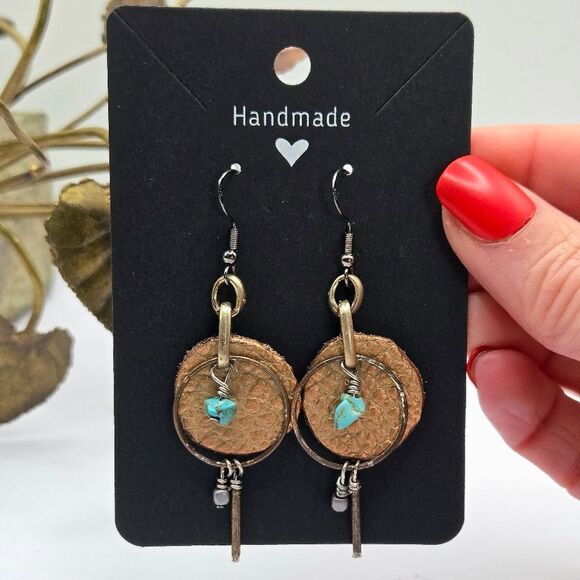 "5/$25" Handmade Turquoise Chip Leather Mixed Metal Dangle Earrings 925 Ear Wire - Picture 1 of 6